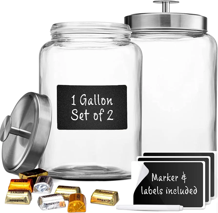 2 Large 1-Gallon Glass Canister Sets for Kitchen Counter with Stainless Steel Airtight Lids + Marker & Labels, Cookie Jar & Candy Jar for Buffet, Coffee & Flour Jars, Laundry Room Storage & Pantry