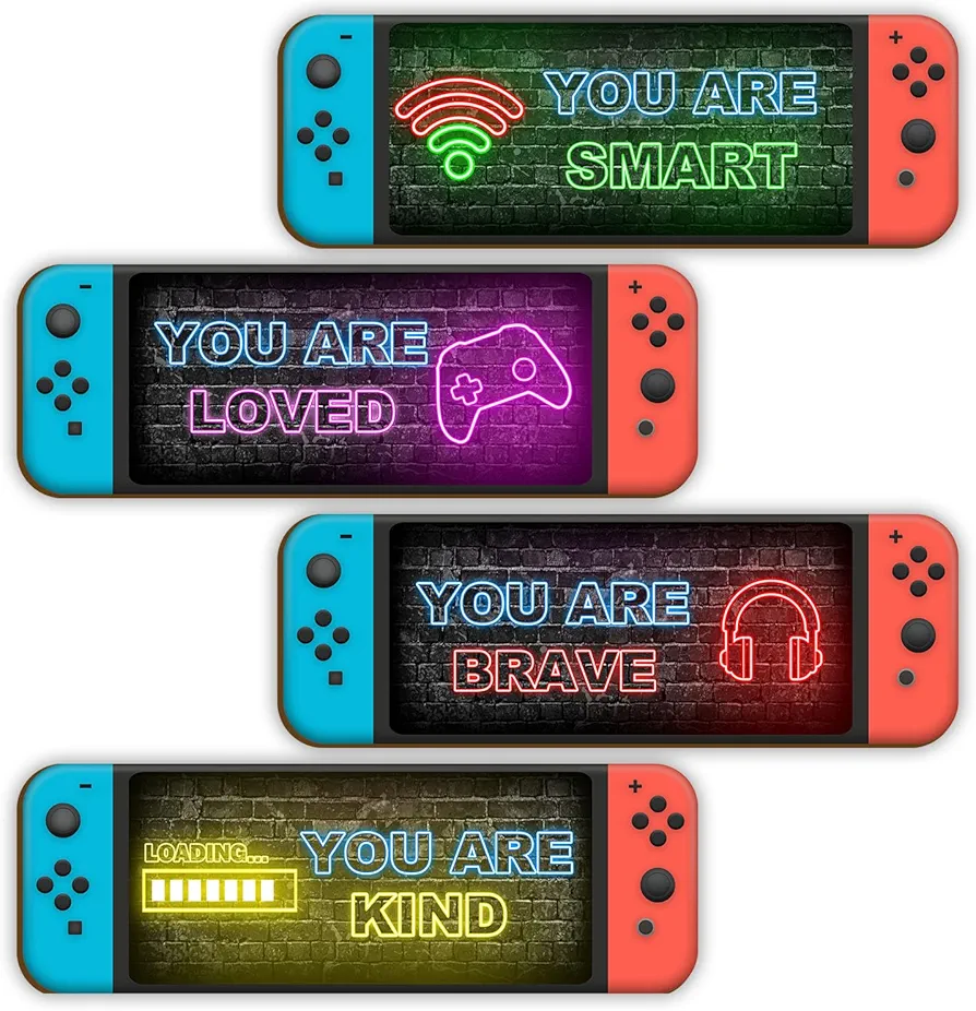 4 Pcs Printed Neon Gaming Wooden Wall Sign, Video Game Wall Decor, Inspirational Quotes Hanging Plaques Wall Sign, Teenager Gift for Kids Room Bedroom Nursery Play Room Classroom