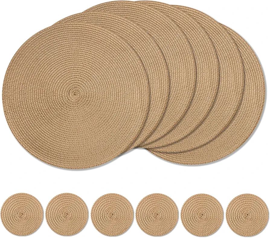 Neween Round Braided Placemats Set of 6, Heat Resistant Washable Round Woven Table Mat with Coaster, 13 Inches Wipeable Scratch Resistant Table Placemats for Kitchen Table, Dining Room (Light Brown)