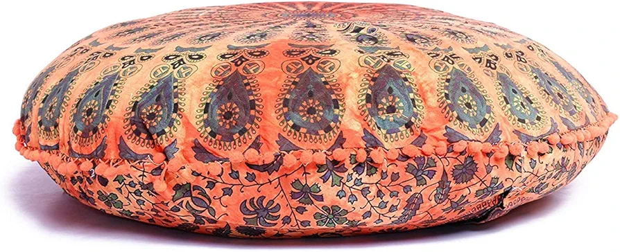 32 Inch Floor Pillow "Cover Only" Orange Tie Dye Mandala Cushion Case Seating Throw Hippie Decor Round Meditation Cushion Cover Ottoman Bohemian Pouf Indian Large Sham Picnic Living Room Psychedelic