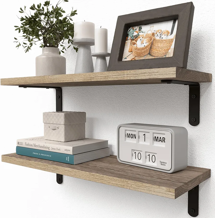 RICHER HOUSE Rustic Wood Shelves Set of 2, Farmhouse Style Floating Shelf for Wall Décor, Hanging Shelves for Bathroom, Bedroom, Storage, Kitchen, Living Room - Carbonized Black