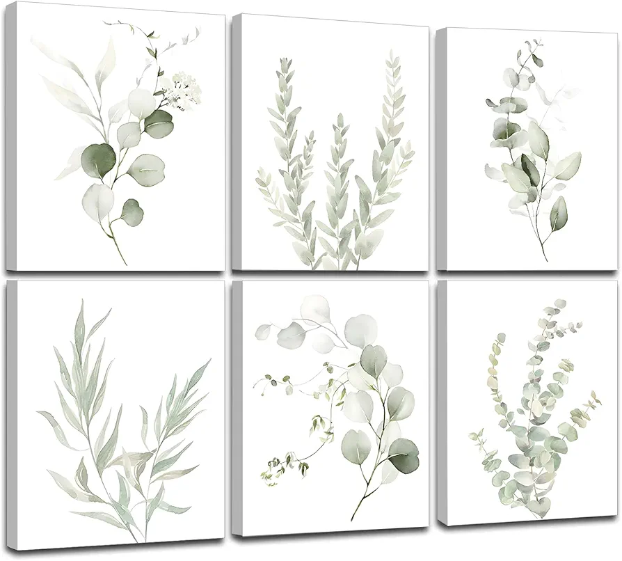 FRAMED Botanical Plant Wall Art, Light Green Eucalyptus Leaf Picture Canvas Wall Art Minimalist Floral Wall Decor for Bedroom Living Room Bathroom Kitchen (Set of 6, 8x10 inch, Framed)