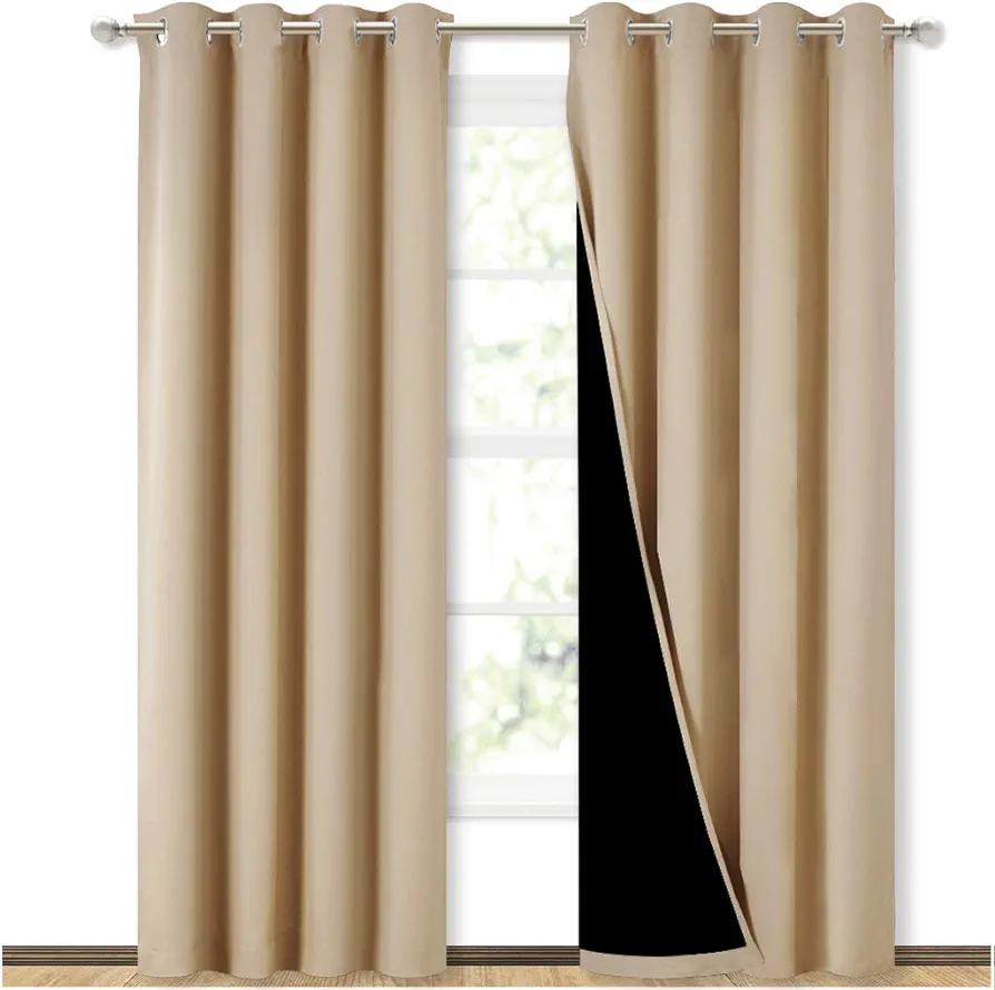 NICETOWN Living Room Completely Shaded Draperies, Privacy Protection & Noise Reducing Ring Top Drapes, Black Lined Insulated Window Treatment Curtain Panels(Biscotti Beige, 2 Pieces, W52 x L84)