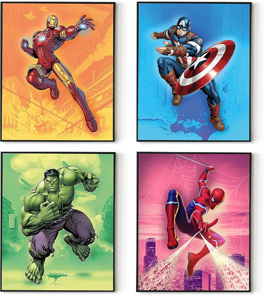 Superhero Wall Decor Poster Prints - Set of 4 (8 inch x 10 inch) - Superhero Room Decor for Boys - Avengers Wall Art - Room Decor For Kids - Nursery, Bathroom, Playroom Decor (UNFRAMED)