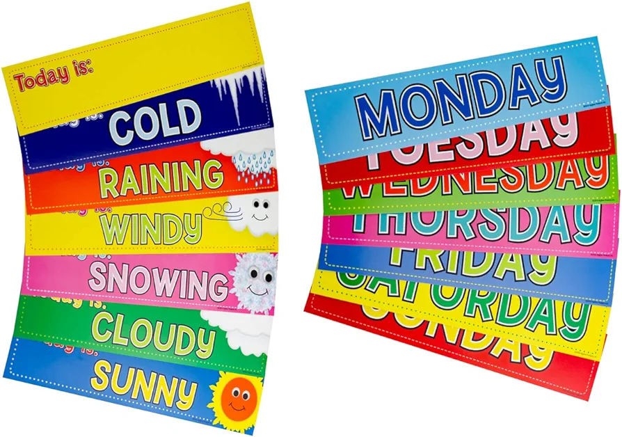 Wall Calendar Cards, 7 Days of the Week and 7 Weather Cards, Classroom Calendar Decorations, 2.5"x11"