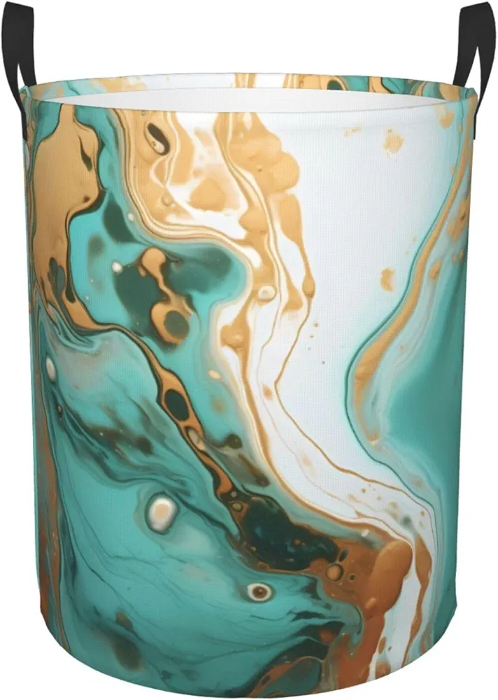 Laundry Baskets with Handles Waterproof Small inches Storage Basket, Collapsible Laundry Hampers, Laundry Room Organization & Apartment Essentials - Turquoise Gold Marble