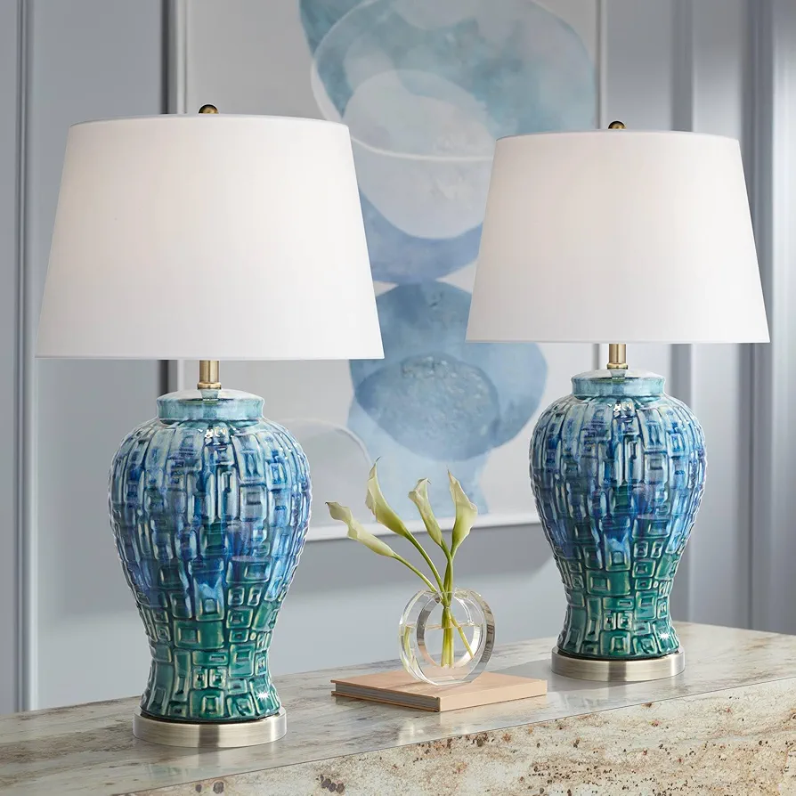 Possini Euro Design Temple Jar 27" Tall Modern Asian Table Lamps Set of 2 Blue-Green Teal Ceramic Living Room Bedroom Bedside Nightstand House Office Home Reading White Shade (Colors May Vary)