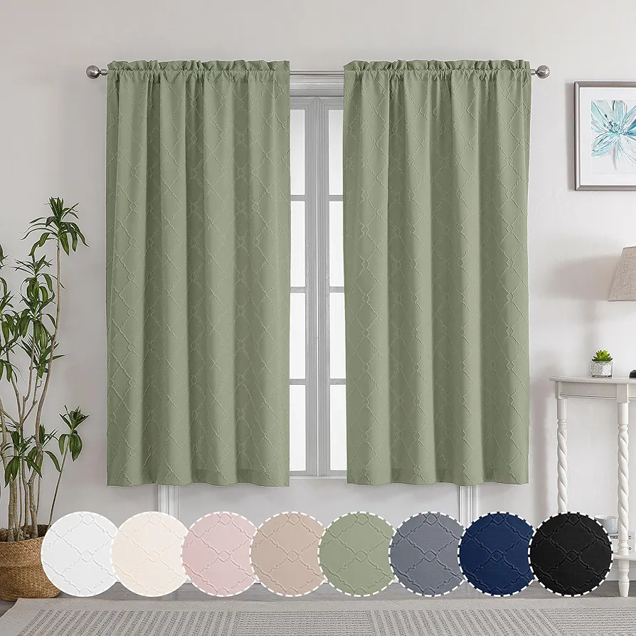 OWENIE Light Filtering Sage Green Curtains 63 Inch Length for Bedroom 2 Panels Set, 3D Embossed Textured Curtains & Drapes for Living Room, Soft Elegant Geometry Rod Pocket Curtains, 38Wx 63L Inch