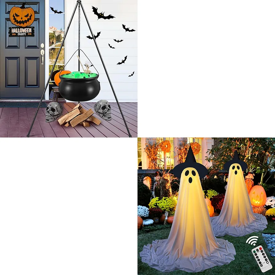 Halloween Decorations Outdoor/Indoor, Cauldron Halloween Yard Decorations,Witch Cauldron Decoration with String Lights with Tripod, Spooky Ghost Decor with Remote Control String Lights,Halloween Ghost