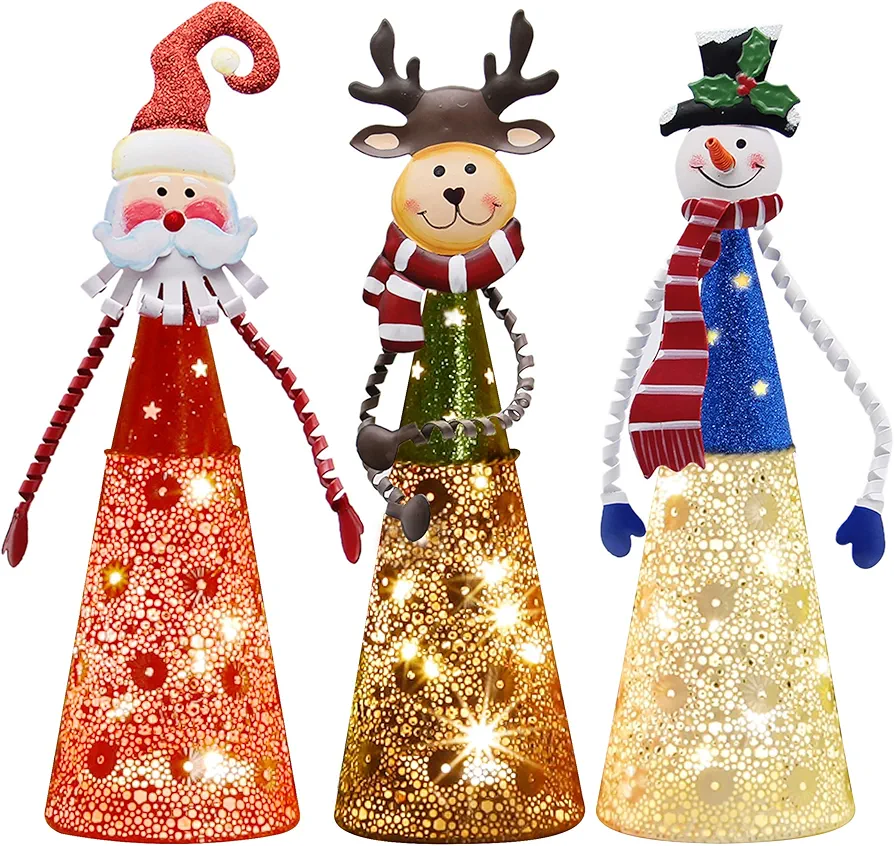 ATDAWN Lighted Christmas Table Decorations, Set of 3 Indoor LED Lighting Santa Snowman Reindeer Xmas Holiday Party Tabletop Desk Ornament