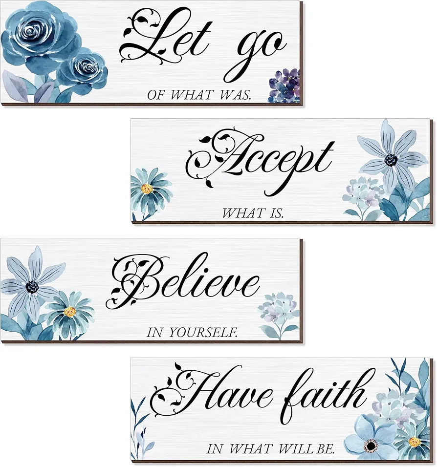 Joyhawk 4 Pieces Blue Flower Wall Decor For Bedroom, Accept-Let go-Have faith-Believe Wooden Inspirational Wall Art Decorations for Living Room Bathroom,Rustic Wooden Farmhouse Home Decor, 12 x 4 Inch