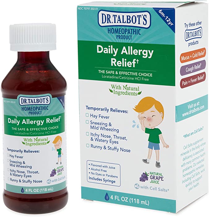 Dr. Talbot's Daily Allergy Relief Liquid Medicine with Naturally Inspired Ingredients for Children, Includes Syringe, Natural Grape Juice Flavor, 4 Fl Oz