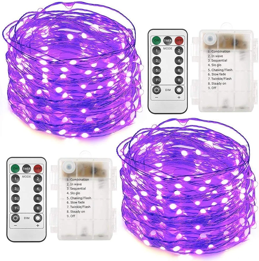 Twinkle Star 2 Set Halloween Fairy Lights Battery Operated, 33ft 100 Led String Lights Remote Control Timer Twinkle String Lights 8 Modes Firefly Lights for Garden Party Indoor Decor, Purple