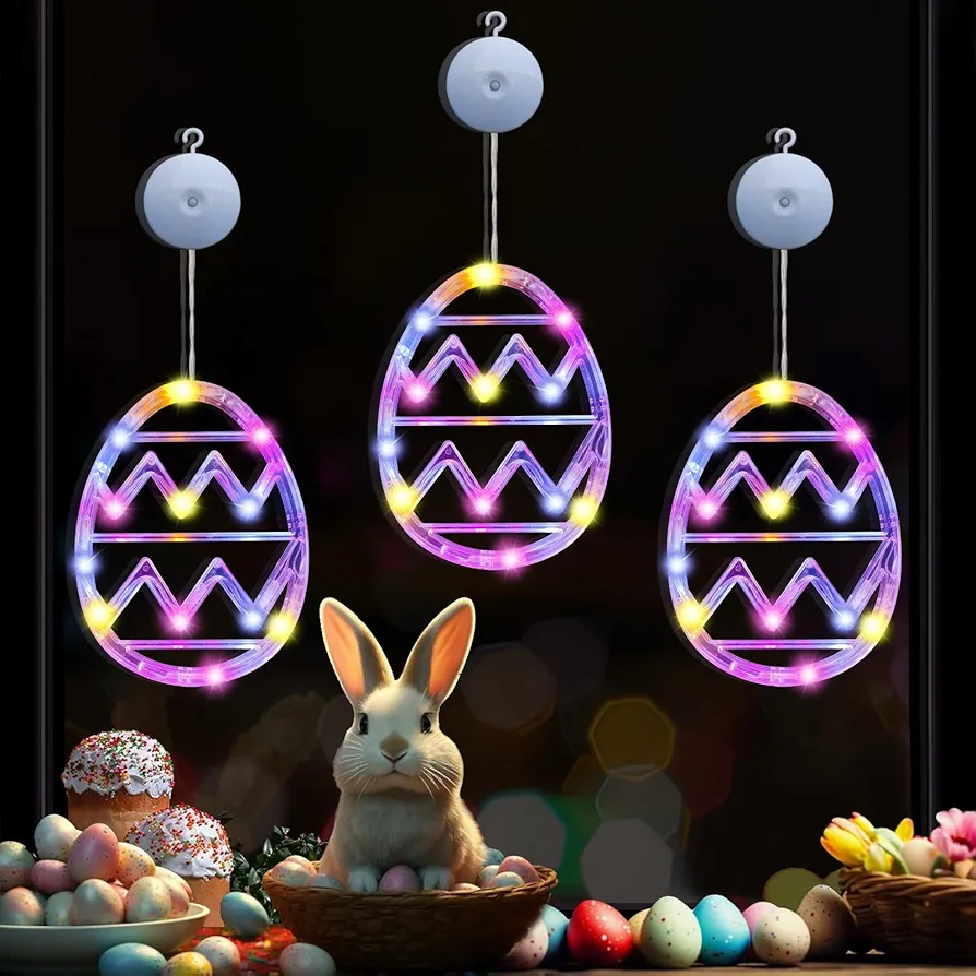 Easter Decorations Window Lights 3 Pack, Easter Color Egg Lights Battery Operated with Suction Cup, Large Plastic Easter Eggs Lights Easter Hanging Decorations for Indoor Outdoor Home Door Classroom