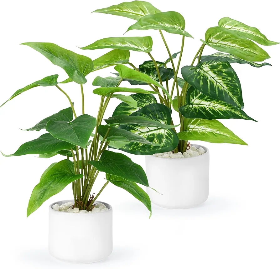 CEWOR Artificial Plants Indoor,2 Pack,11.8 Inch, Fake Plants in Ceramic Pot,Faux Green Leaf Plant with Modern White Planter,Desk Shelf Office Room Home Decoration Indoor