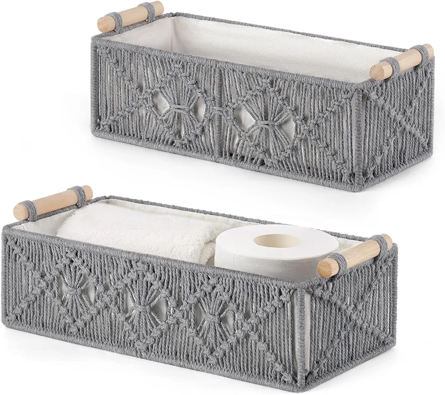 Mkono Macrame Storage Baskets Boho Decor Box Handmade Woven Decorative Countertop Toilet Tank Shelf Cabinet Organizer for Bedroom Livingroom Home, Set of 2, Grey