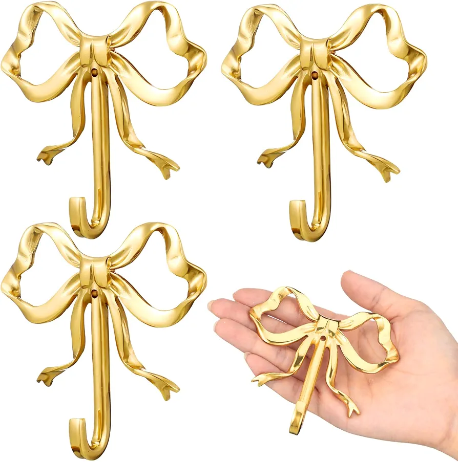 4 Pack 3.66 x 3.54 x 0.79 inches Gold Bow-Knot Hooks Brass Bow Wall Hooks Door Hanger Gold Towel Hooks Brass Coat Hooks Decorative Hooks for Home Bathroom Living Room Kitchen Decor