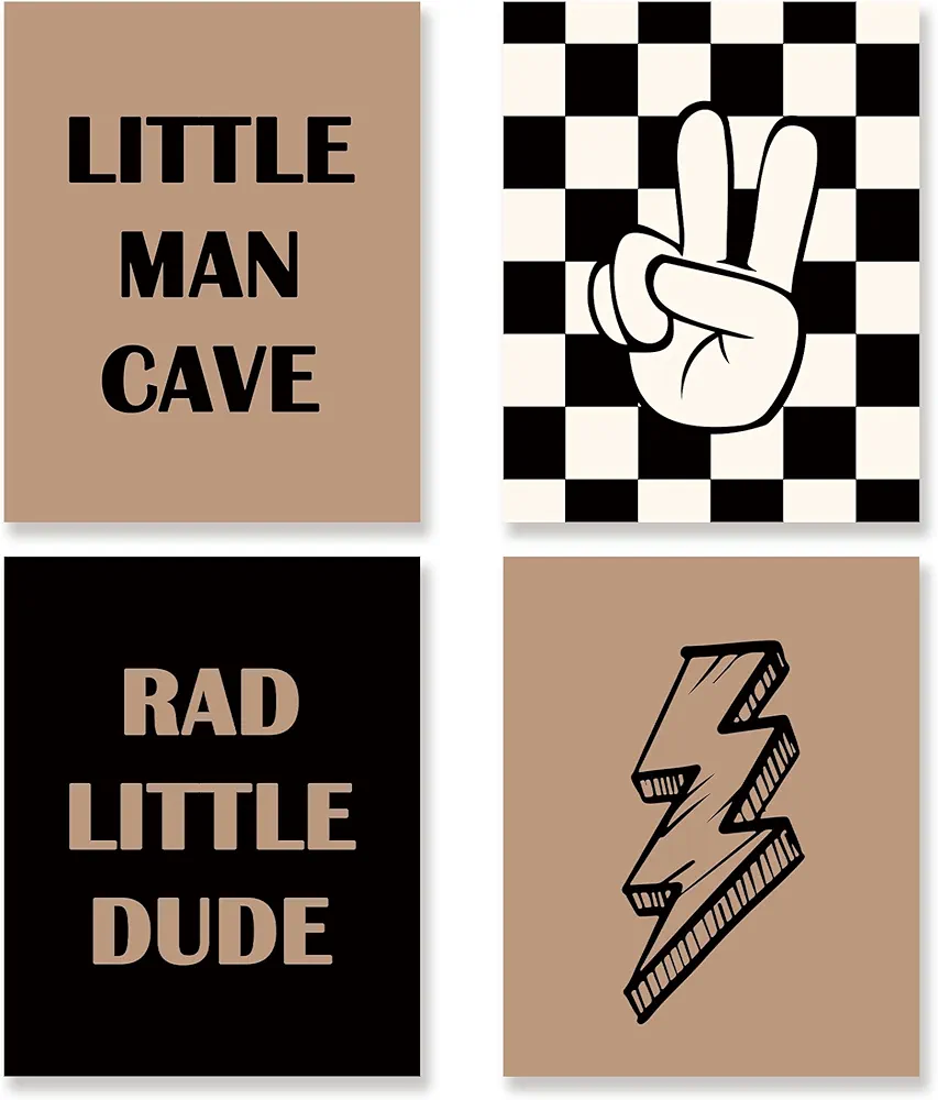 KSDUT Little Man Cave Wall Art Decor Set of 4 - Rad Little Dude Artwork Poster Prints Wall Decor Retor Checkered Lightning Peace Sign Wall Art for Nursery Toddler Room Decorations - 8"x10" Unframed