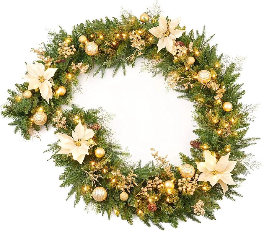 9Ft Christmas Garland Prelit with Gold Berries and Balls,Flower and 50 Lights Plug in,Holiday Decoration Fireplace Stairs Mantle Door Indoor Outdoor