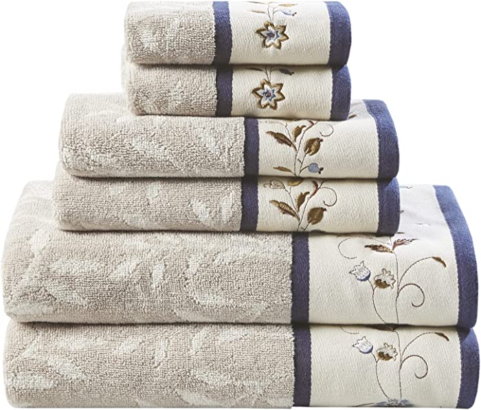 Madison Park Serene 100% Cotton Bath Towel Set Luxurious Floral Embroidered Cotton Jacquard Design, Soft and Highly Absorbent for Shower, Multi-Sizes, Navy