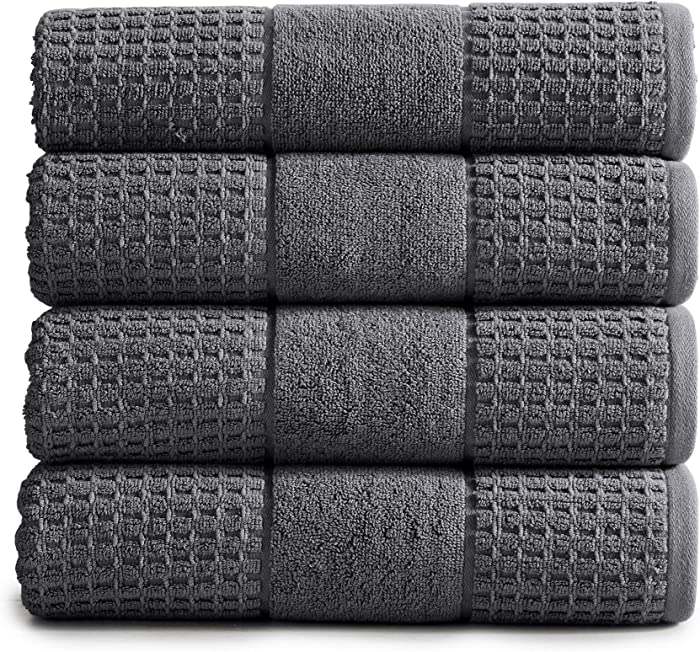 100% Cotton Super Soft Luxury Bath Towel Set | Quick-Dry and Highly Absorbent | Waffle Textured | 550 GSM | Includes 4 Bath Towels | Harper Collection (Dark Grey)