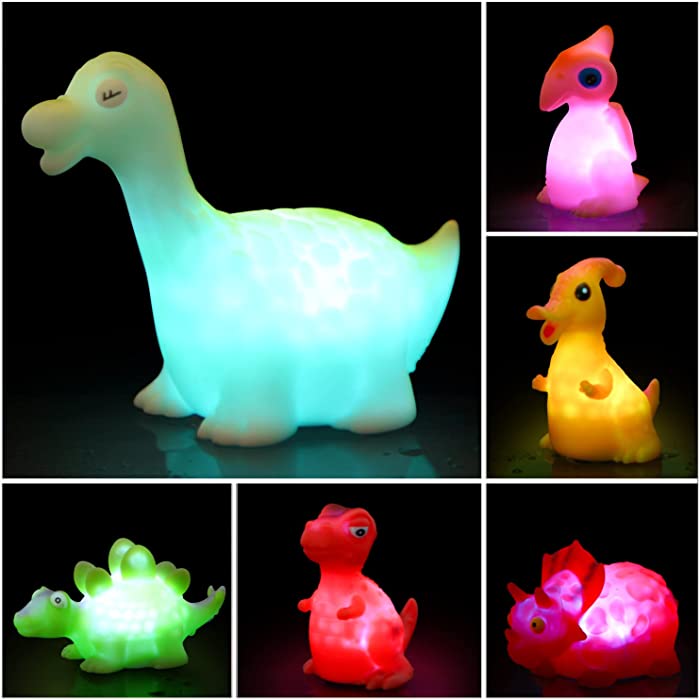 SULOLI 6 Packs Light-Up Floating Dinosaur Bath Toys, Flashing Color Changing Light in Water Bathtub Shower Toy for Toddlers