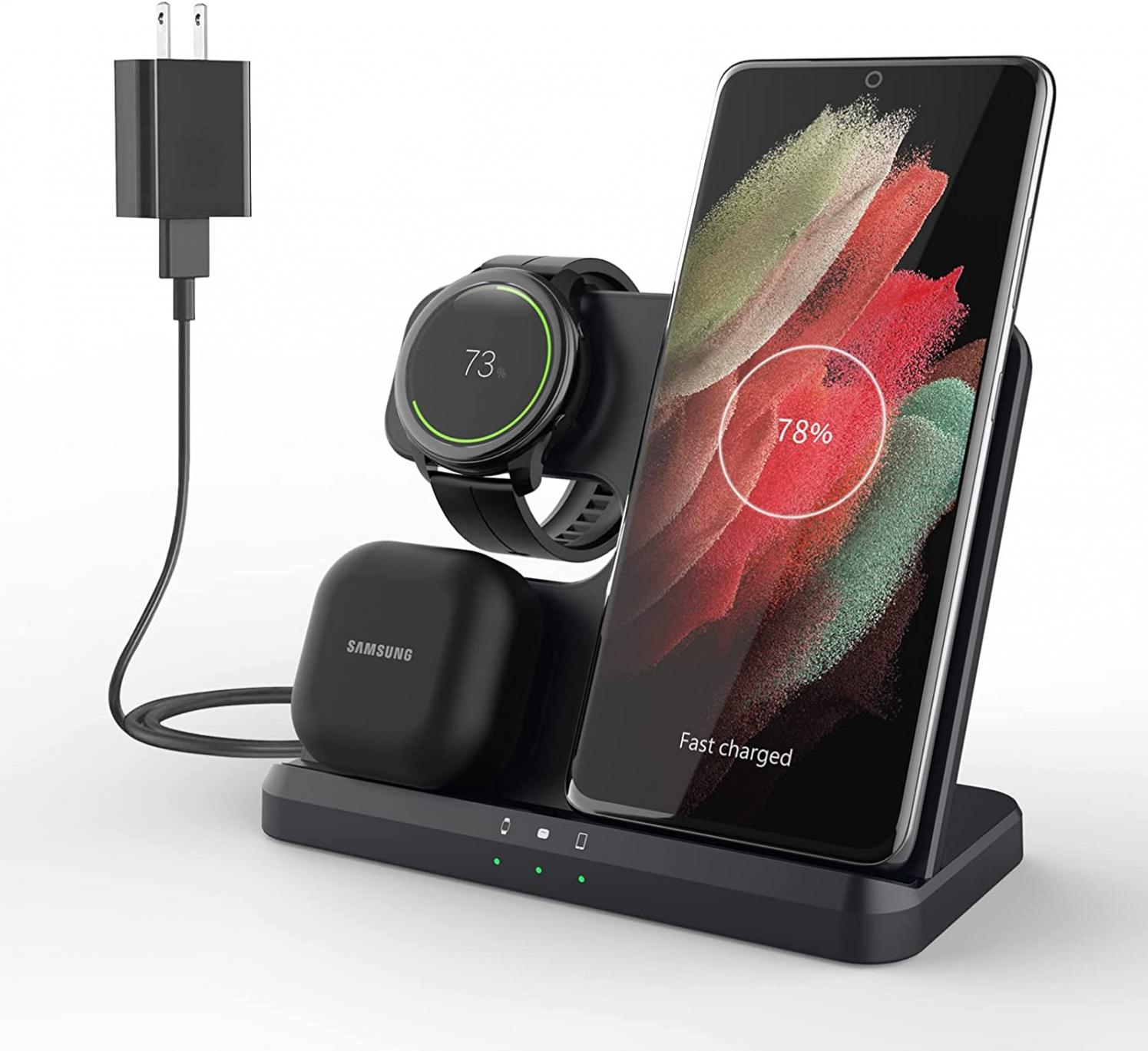 MAIORD 3 in 1 Wireless Charger for Samsung Galaxy Watch 5/4/3/Active 2, 15W Charging Station for Galaxy Z Fold4/Fold3/Flip4/Flip3/S22/S21/S20, Galaxy Buds/+/Pro/Pro2/Live/2 with 18W QC3.0 Adapter