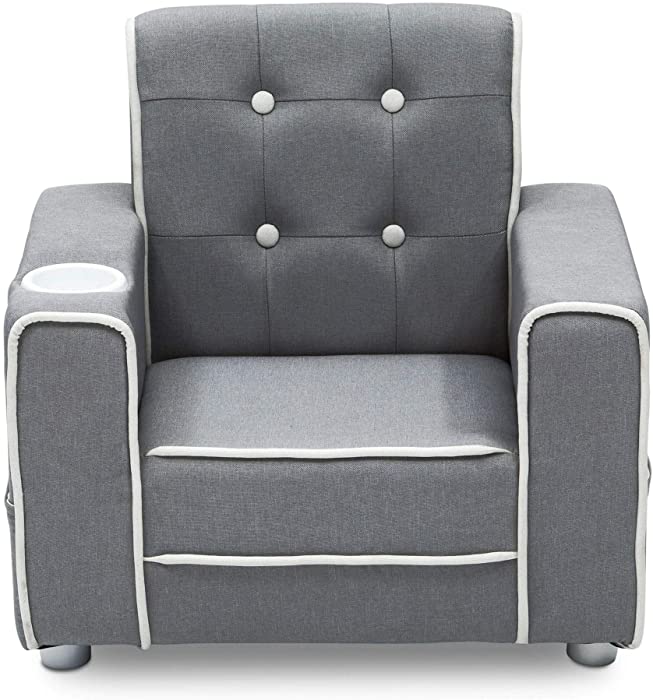 Delta Children Chelsea Kids Upholstered Chair with Cup Holder, Soft Grey