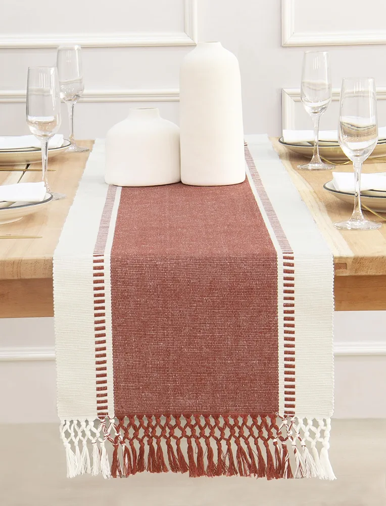 Dobby Stripe Woven Table Runner Ribbed Summer Farmhouse Dining Room, 14x72 (14x77.5, Fringe Included) (Rust, 14 X 72 Inch)