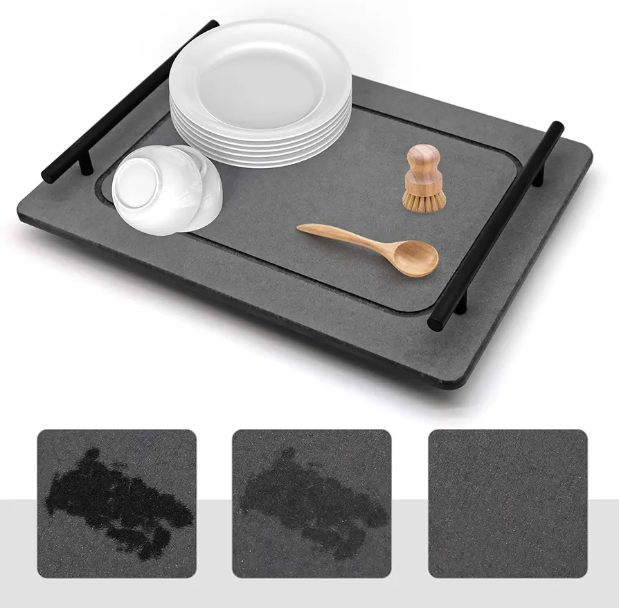 Water Absorbing Stone Dish Drying Mats for Kitchen Counter, Quick Dry Diatomaceous Earth Sink Tray Mat for Dish Bottles Cups, Bathrooms Multi-Room Use