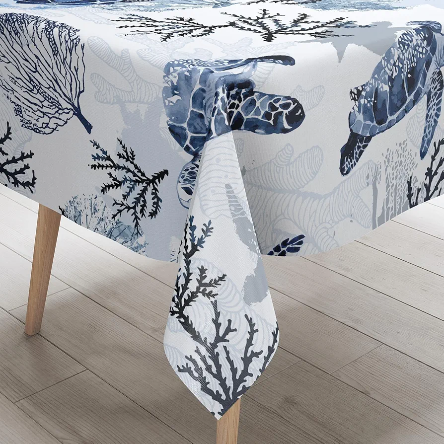 Coastal Nautical Rectangle Tablecloth Ocean Themed Beach Decorative Waterproof Sea Turtle Table Covers for Dining Room Kitchen Living Room, 60x84 Inches