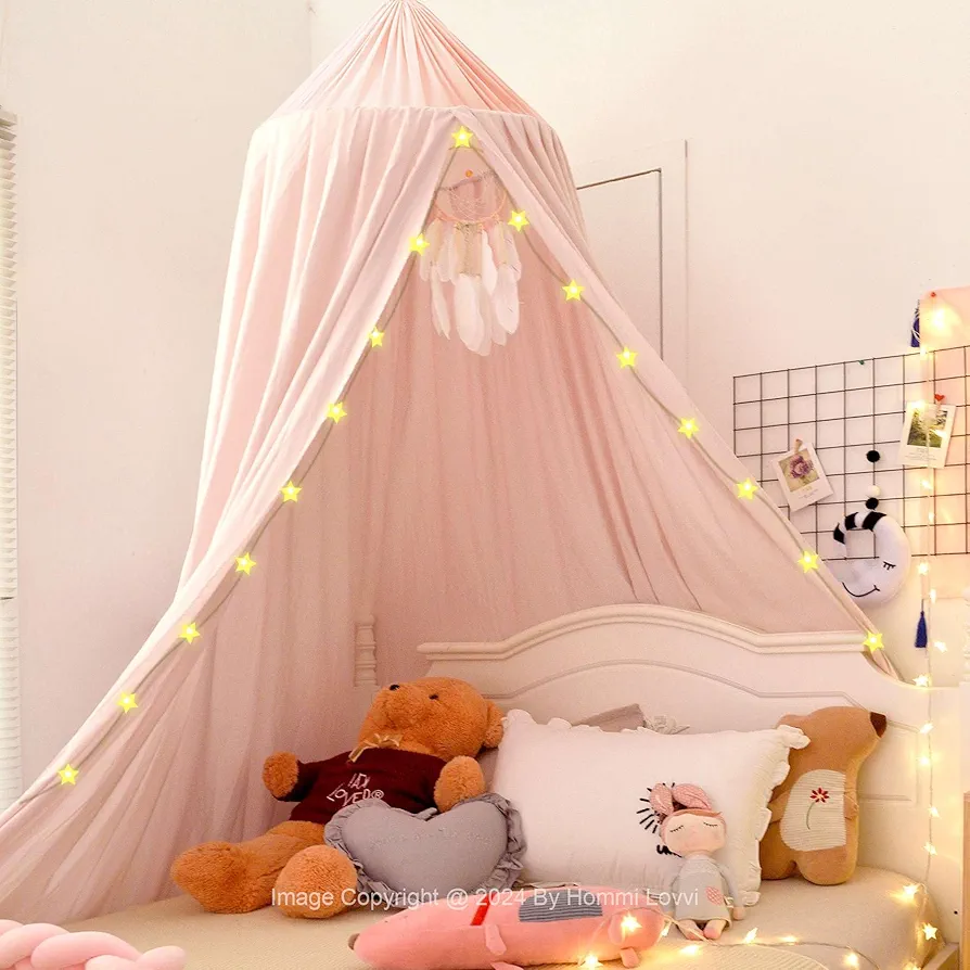 Bed Canopy for Girls, Princess Canopy for Girls Bed, Nursery Crib Canopy for Kids Room Decor, Extra Large Girls Canopy Full Size Play Tent Reading Corner with String Light - Light Pink