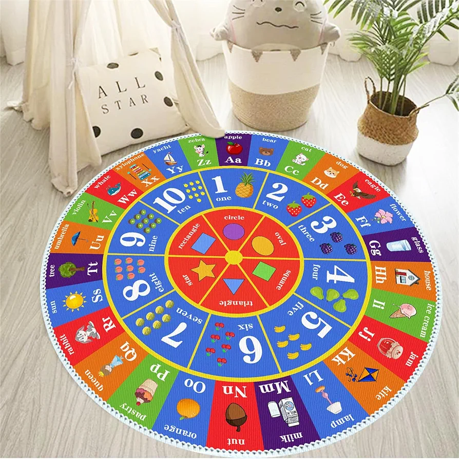 ABC Kids Play Rug - Number Alphabet Shape Fruit Learning Educational Area Rug - Large Non-Slip Kids Room Play Mat (Round Alphabet, 5ft Round)