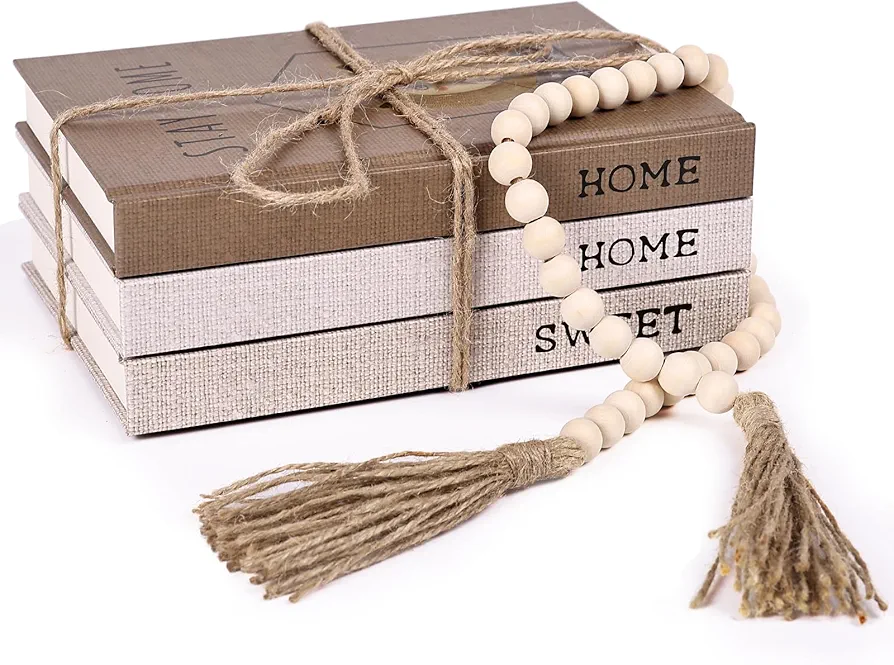 suruim Linen Covered Decorative Books, Set of 3 - Neutral Home Decor Coffee Table Books with Wooden Beaded Tassel for Rustic Farmhouse Modern Decor, Bookshelf Decor, Boho (Brown)