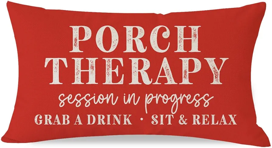 Farmhouse Throw Pillow Cover 12x20 Inch Porch Therapy Session in Progress Red Outdoor Rustic Front Porch Patio Decorations Lumbar Decorative Throw Pillows Cases for Party Room Couch Decor