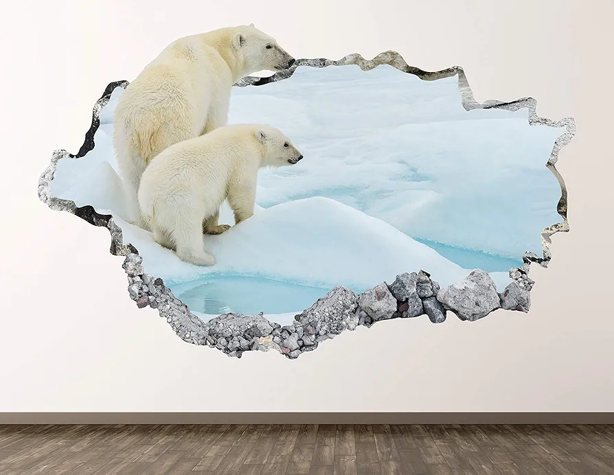 Polar Bear Family Wall Decal Art Decor 3D Smashed Arctic Ocean Animal Sticker Poster Kids Room Mural Custom Gift BL700 (70"W x 40"H)