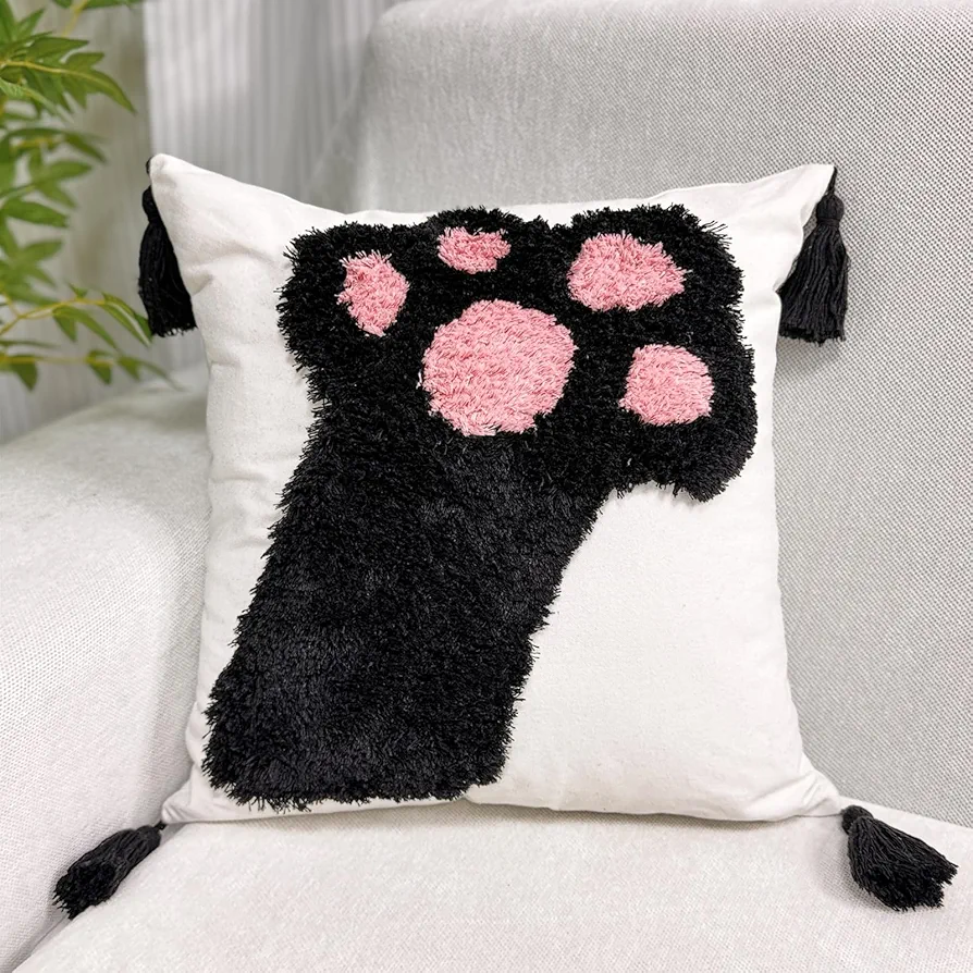 Tufted Throw Pillow Covers 18 x 18 Inch Soft Woven Cute Cat Paw Decorative Pillowcase Cushion Case with Tassels for Couch Sofa Bed Bedroom Living Room, Black