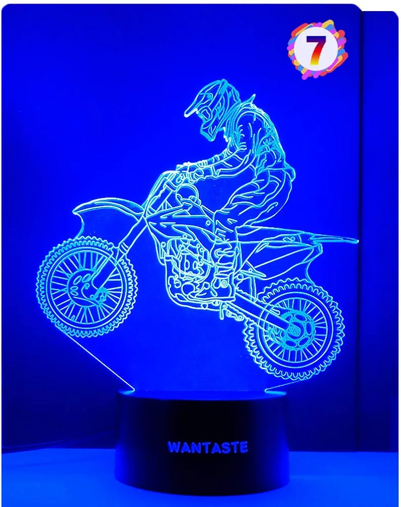 Motocross 3D Lamp Gifts for Boys Girls Room, Dirt Bike Decor Toys Night Light Bedside Gifts for Kids Baby, 7 Colors Changing Nightlight with Battery Backup and Smart Control