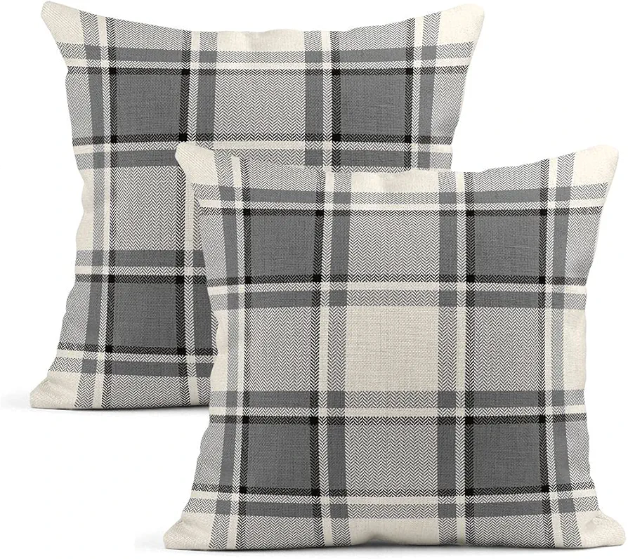 Set of 2 Throw Pillow Covers Plaid Herringbone Tartan Check in Grey White Natural Linen Cushion Cases Home Decorative Sofa Room Armchair Bed 20x20 Inches