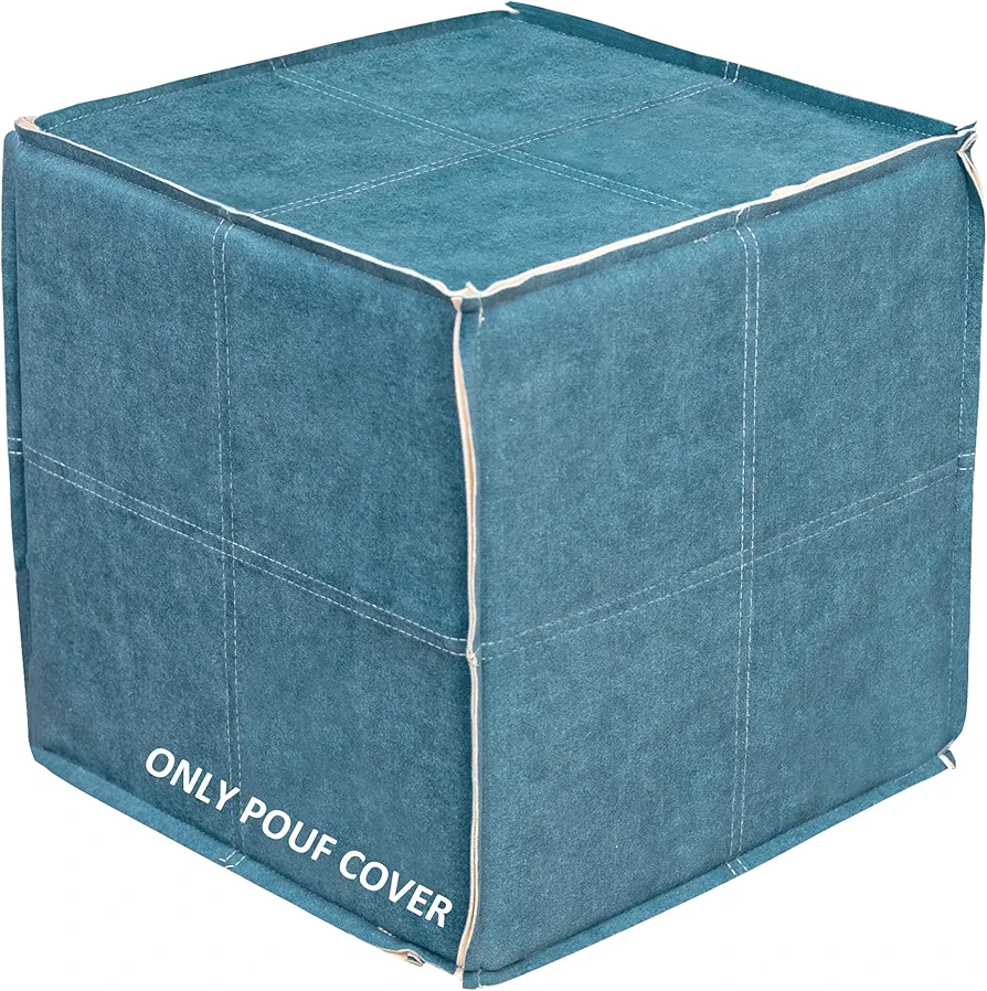 Unstuffed Velvet Pouf Cover - Square Pouf Ottoman, Comfortable Floor Footrest Cushion, Cube Storage Bean Bag for Living Room, NO Filler, Blue