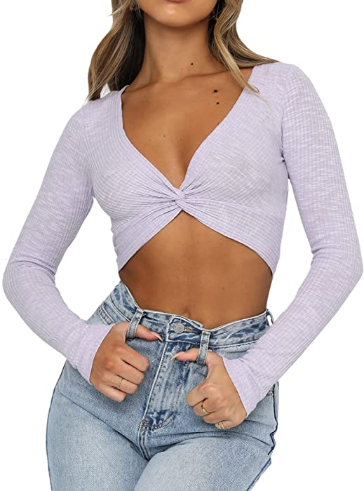 Crop Tops for Women Long Sleeve Plunging Neckline Tie Front Crop Top