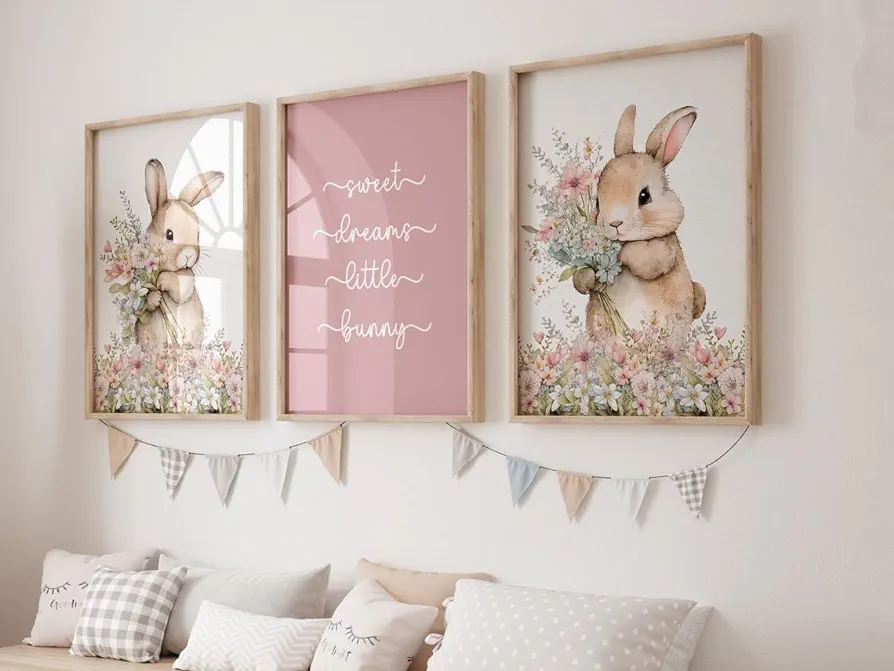 3 Pieces Bunny Nursery Wall Art Pink Sweet Dream Little Bunny Poster Prints Animal Floral Canvas Painting Pictures for Girls Room Nursery Decor Ready To Hang