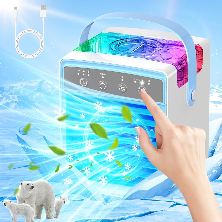 Portable Air Conditioners Fan, Personal Evaporative Air Cooler Mini Air Conditioner Humidifier with 3-Speed, 3-Timer, 7 Color Led Light, Small Portable Ac Unit Fan for Room Car Tent Office