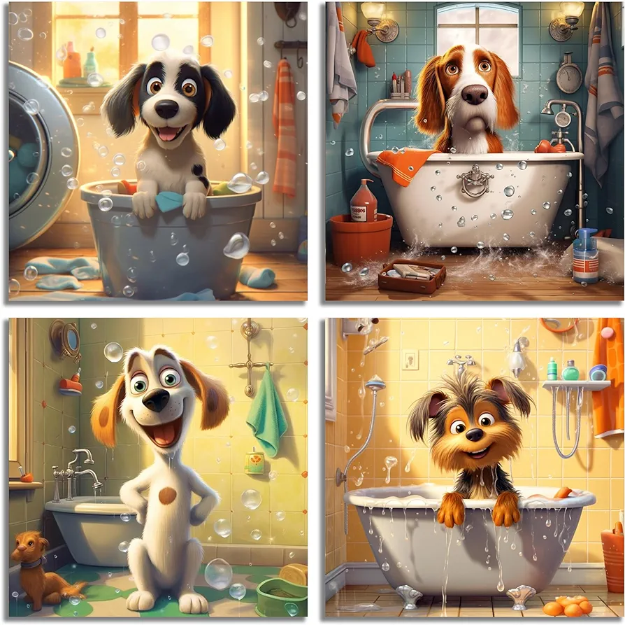 Lovely Dog Canvas Print Pictures - Cute Animals Washing in bathtub Bathroom Poster Prints Wall Painting Pictures for Kids Girl Boys Birthdays Gift Decoration for Bedroom kid's Room 12x12inch Unframed