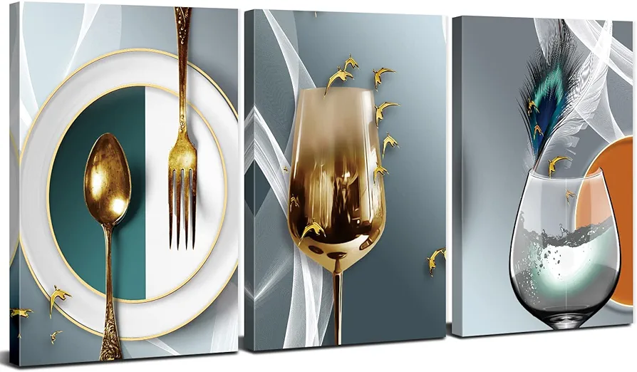 3 Piece Kitchen Wall Art Wine Glass Pictures for Dining Room Wall Decor Teal Gray Gold Wine Cups Posters Abstract Geometric Kitchenware Paintings Modern Background Abstract Artwork 16x24"Ready to hang