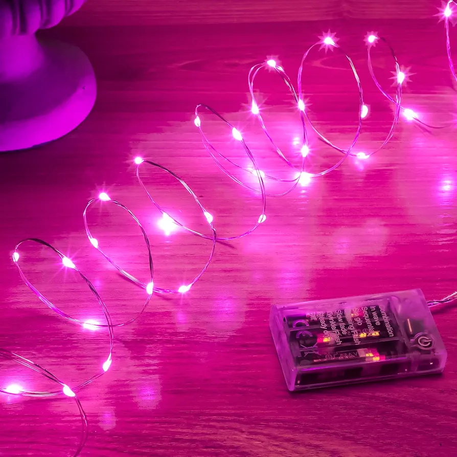 Pink Fairy Lights Battery Operated, 8 Modes & Auto timer, 16FT 50Led Mini Twinkle Silver Wire Firefly Starry lights, Waterproof Battery Operated Lights for Mason Jars DIY Wedding Party Bedroom