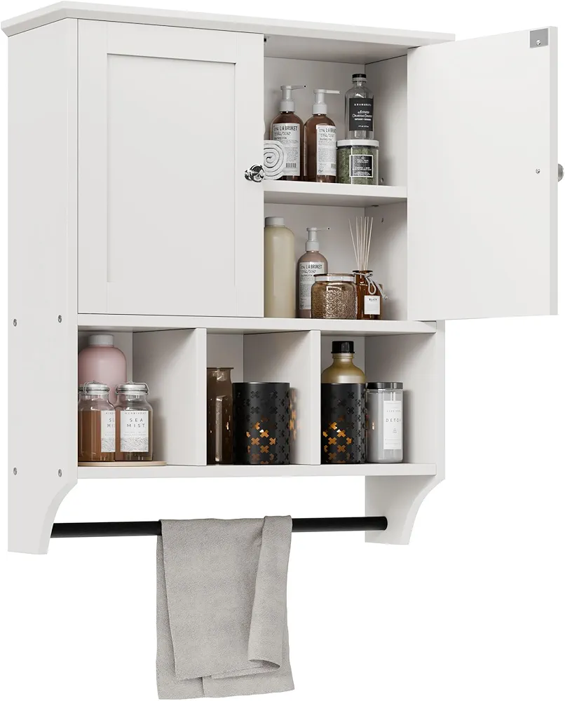 Shintenchi Bathroom Wall Cabinet with Towels Bar, Medicine Cabinet with 2 Door Adjustable Shelves, Wall shelf Over The Toilet Storage Cabinet for Bathroom, Laundry Room, and Entry, White