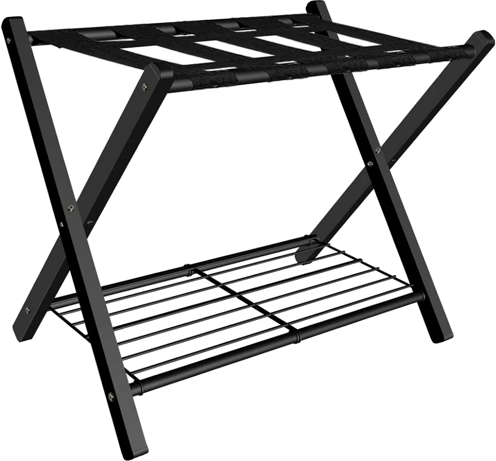 1 Pack Folding Luggage Rack for Guest Room, Foldable Suitcase Stand Holder with Metal Storage Shelf for Bedroom, Living Room, Hotel Essentials, Heavy Duty Steel Frame, Black