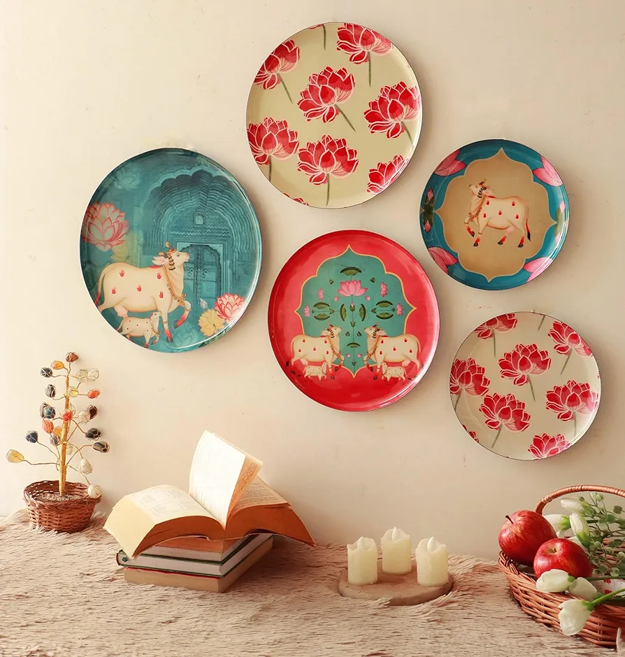 RITUALISTIC Pastel Pichwai Wall Plate Set of 5 | Wall Arts For Home Decoration, Living Room, Bedroom, Office Decor | Aesthetic Room Decor Items | Wall Hanging Show Pieces