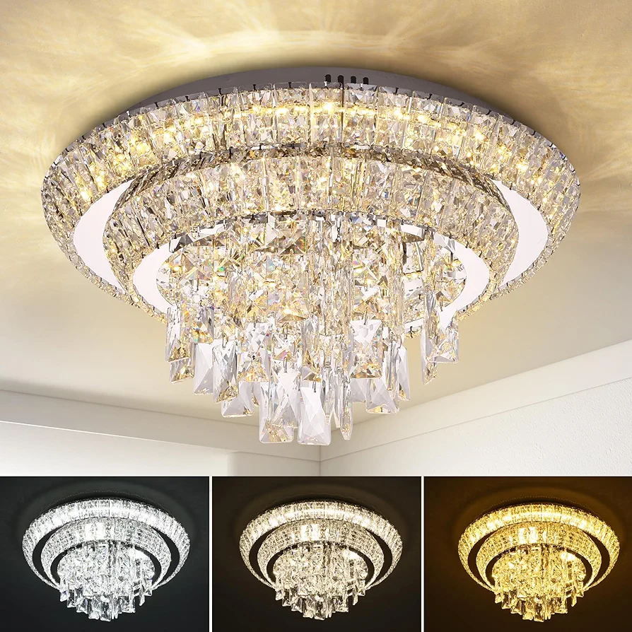 REDSTAR 18" Crystal Ceiling-Light Flush Mount with Remote Control, Colors Temp & Brightness Adjustable, Modern Crystal Raindrop Chandeliers for Bedroom Hallway Dinning and Living Rooms-round